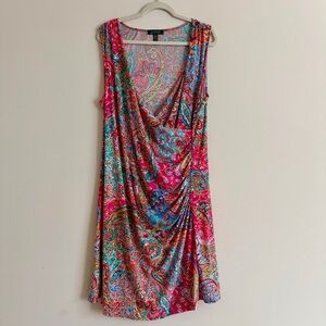 Lauren Ralph Lauren Paisley Faux Wrap Dress 2X Sleeveless Ruched Multicolor XXL